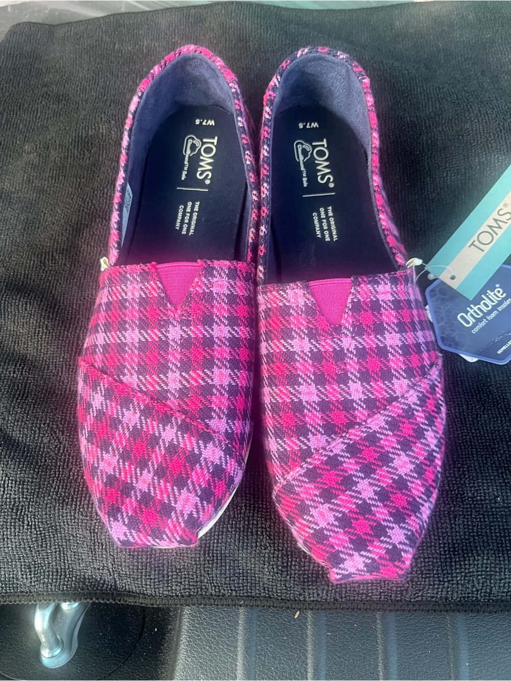 TOMS Women's Pink Plaid Slip-On Moccasins